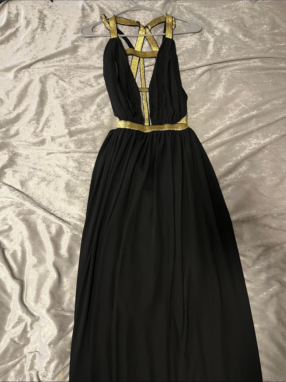 Black Evening Prom Dress with Gold Trim - Strappy Chiffon Gown